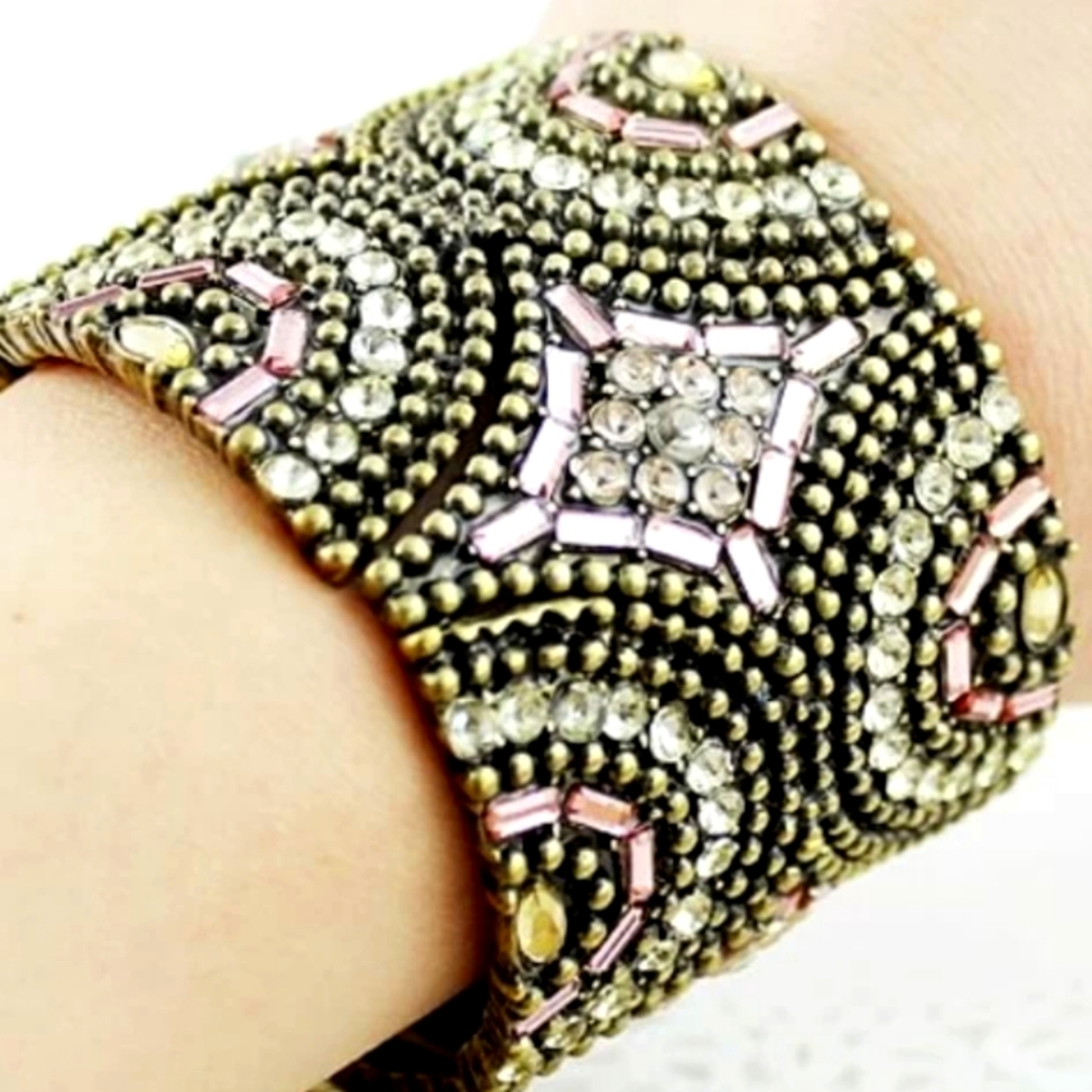Beautiful art deco crystal stretch bracelet w/rose gold crystals & rhinestones